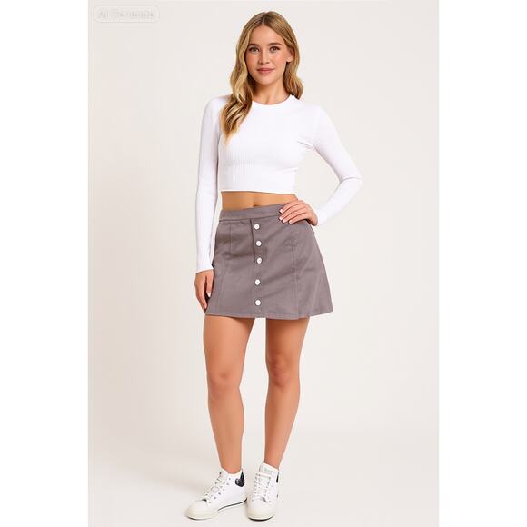 Express Y2K Women A line Skater button front faux suede Mini skirt Sz. 6 Brown - Picture 2 of 8